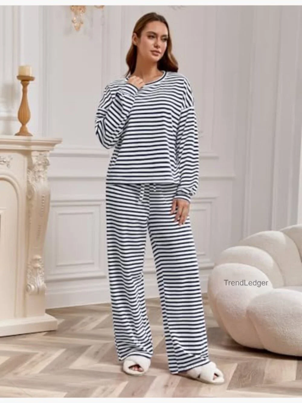 Striped Pajama Set Long Sleeve Wide Leg Pants Matching Lounge Outfit